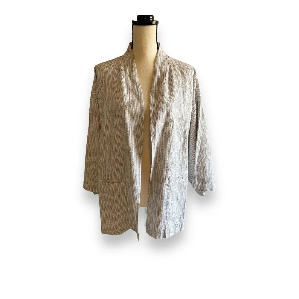 Eileen Fisher Woman 3X Organic Linen Cotton Striped Open Front Cardigan Jacket